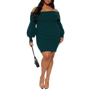 Plus Size, Fashion Nova Green Off-Shoulder Bishop Sleeve Bodycon Dress, 2X